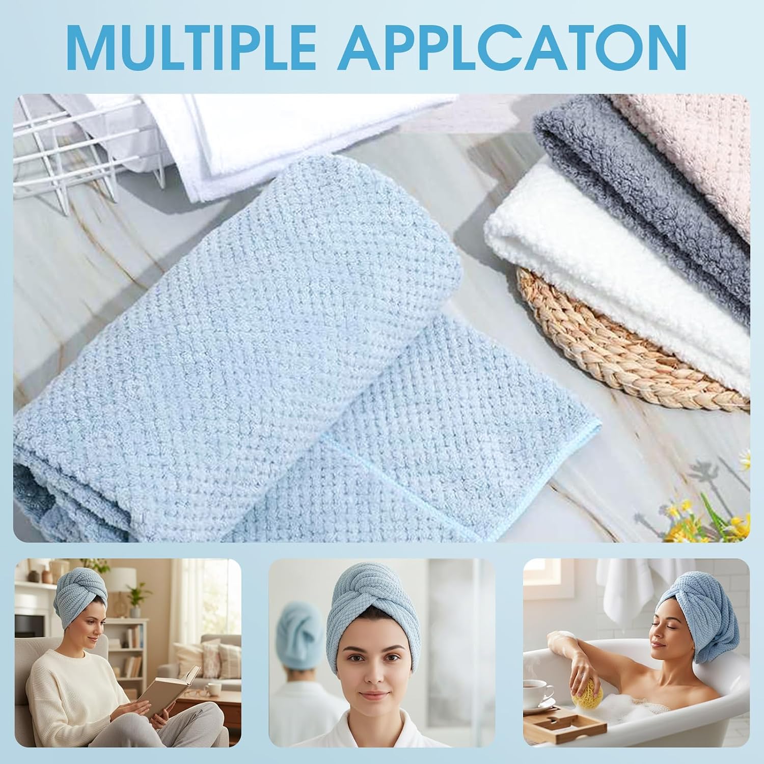 Breling 3 Pack Large Microfiber Hair Towel 24 x 38 Inch Absorbent Wrap Turban Quick Dry for Women Men Curly Hair Shower(Ivory Brown, Hazy Blue, Cream White)
