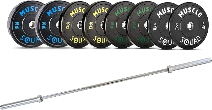 MuscleSquad Olympic Rubber Bumper Plates 5kg - 20kg Set + Bar