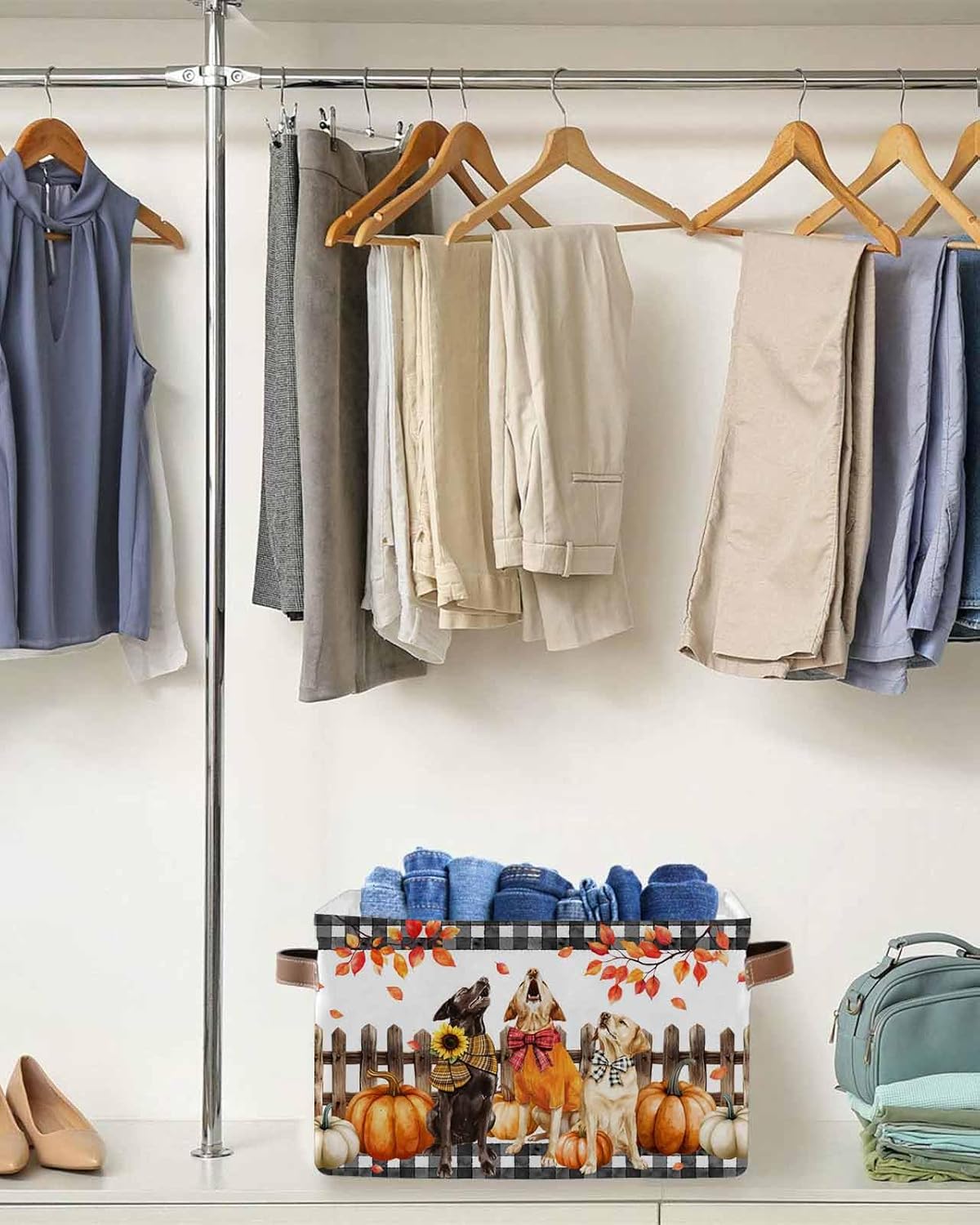 Fall Dog Storage Bins Cubes Waterproof Cloth Storage Basket, Thanksgiving Pumpkin Black Checkered Tree Foldable Storage Bags for Shelf Closet Clothes Storage Organizers with Handles 15x11x9.5 in 1PCS