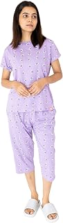 LABEL MY Knitted Cotton Women's Bedtime Capri Set | Lavender with Flowers | Round Neck & Half Sleeve Top | 3/4 Length Pyja... Price In India