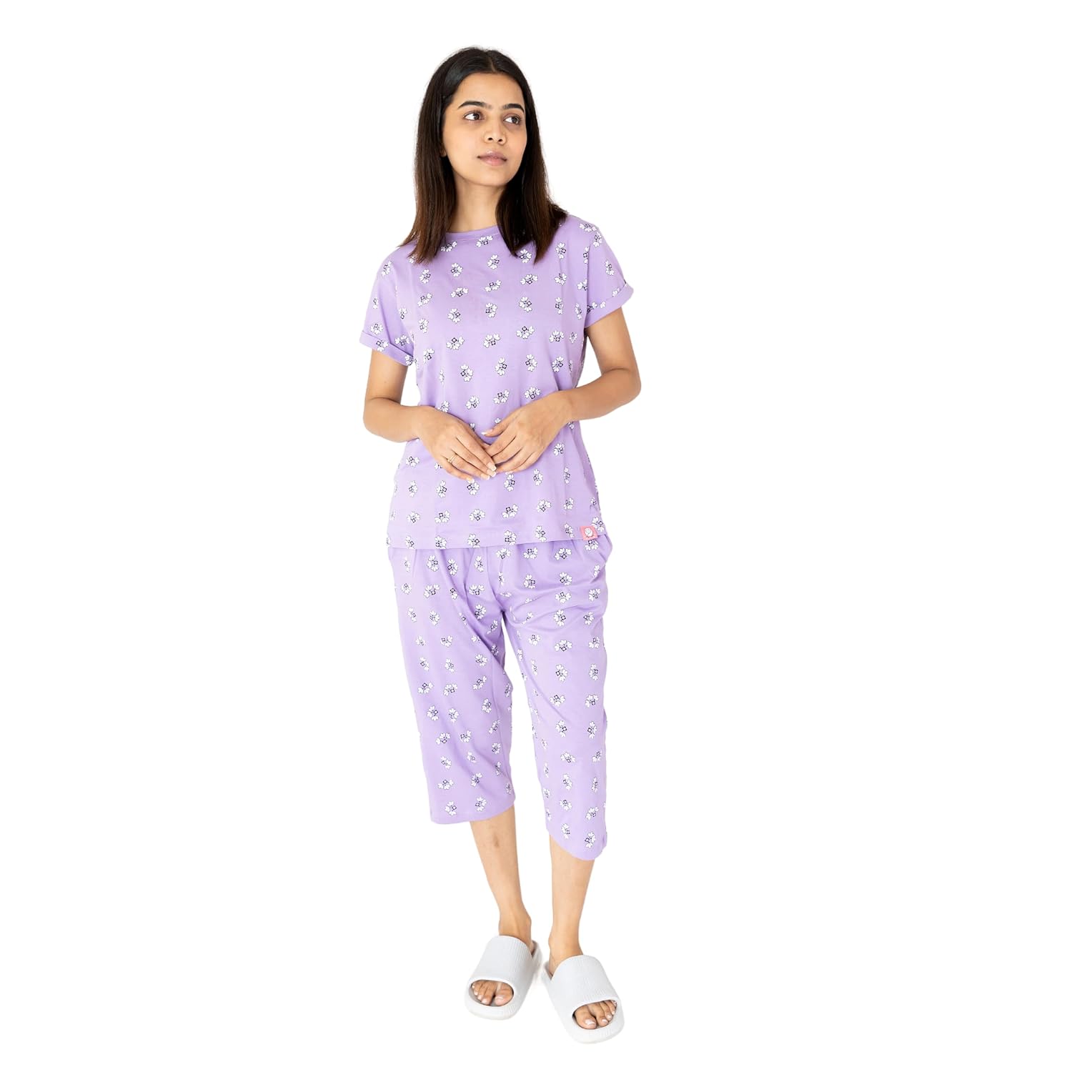 LABEL MY Knitted Cotton Women's Bedtime Capri Set | Lavender with Flowers | Round Neck & Half Sleeve Top | 3/4 Length Pyja... - Review, Price and Buying Guide