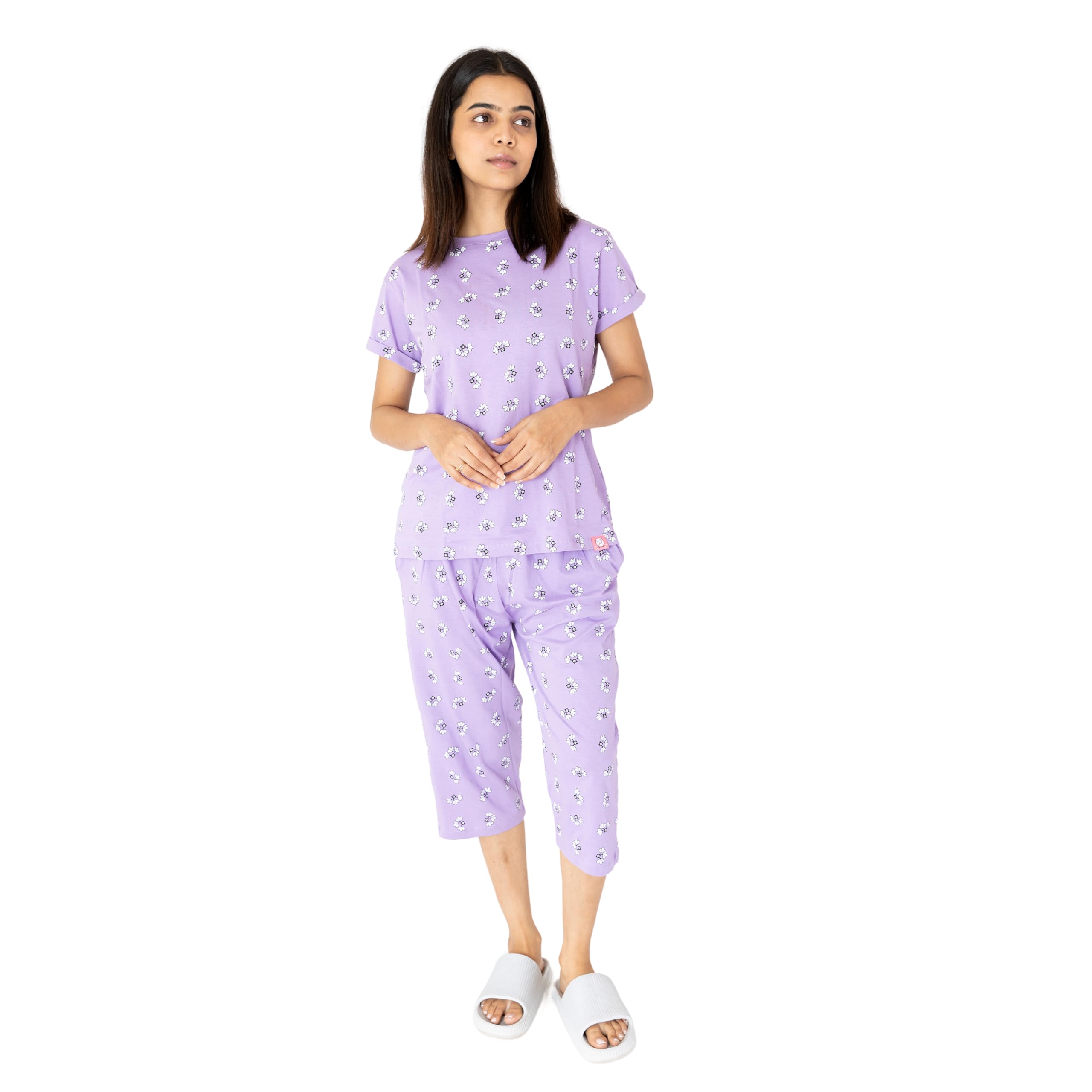 label my Knitted Cotton Women's Bedtime Capri Set | Lavender with Flowers | Round Neck, Half Sleeve Top | 3/4 Length Pyjama with Side Pockets, Elastic Waist | Lightweight, No Shrinkage-picture-50