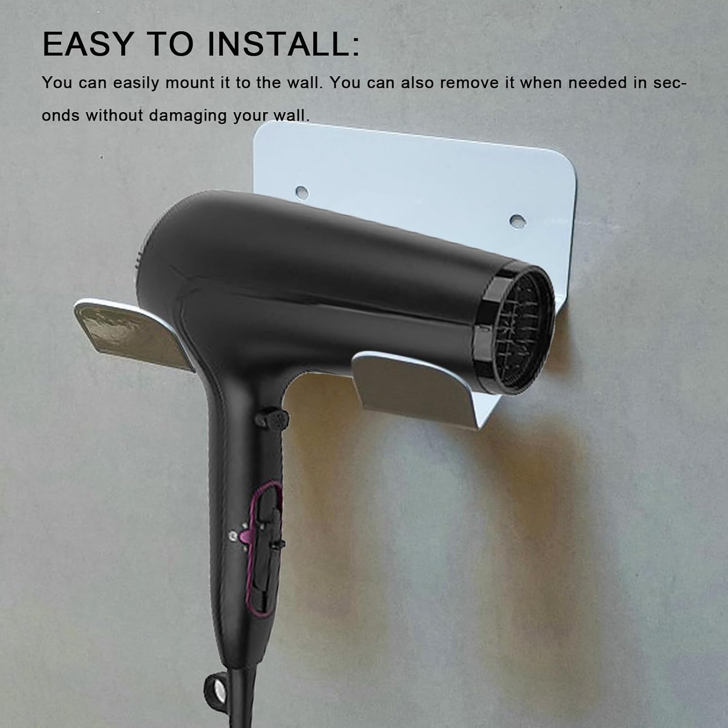 Walfront Hair Dryer Holder Wall Mounted Bathroom Organizer Stainless Steel Blow Dryer Rack Hair Care Tools Holder (White)
