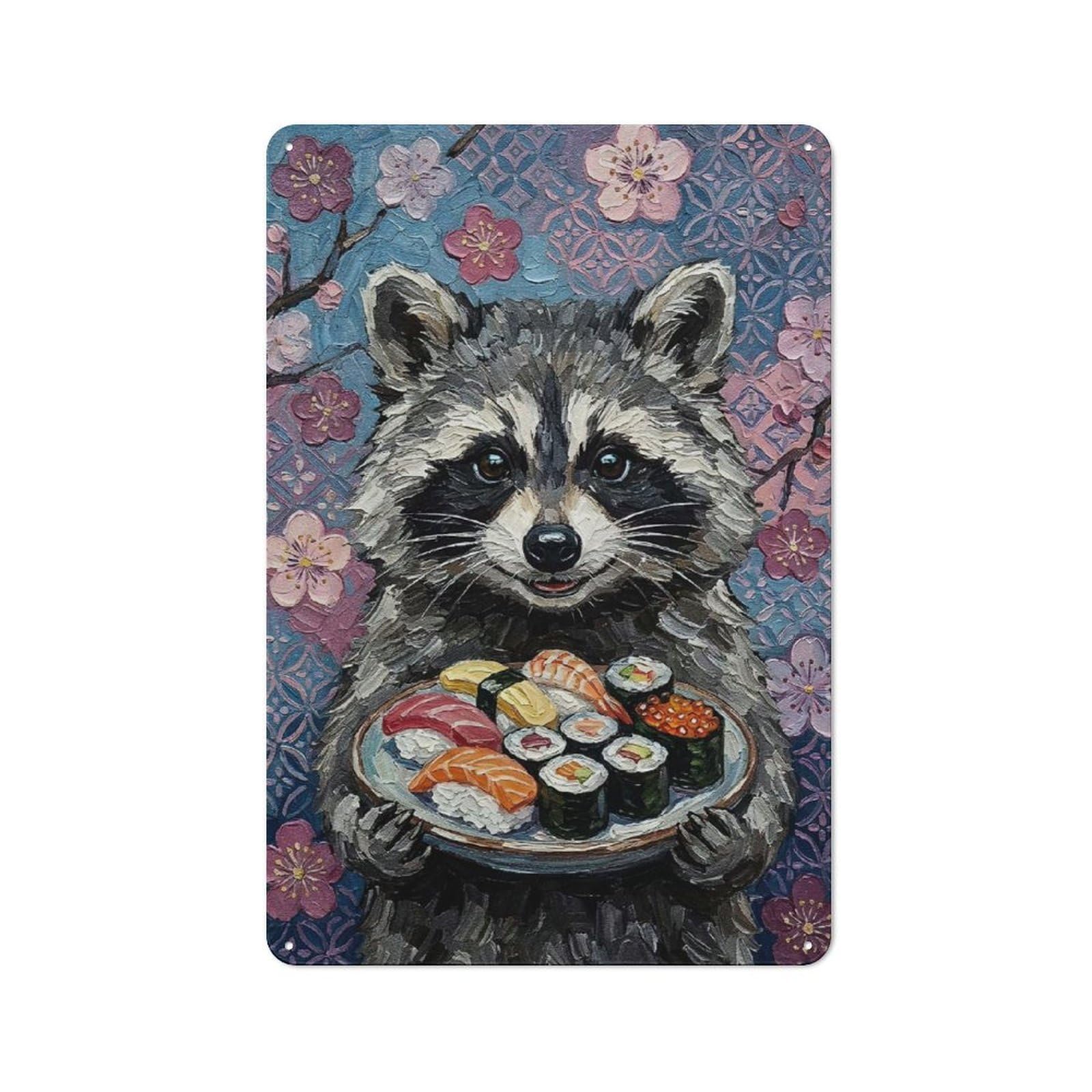 Junmoney Style-23 Raccoon With Sushi Painting Decorative Tin Sign 30X20cm, Country Country Wall Plaque For Dining Room, Cafe, Entryway Or Family Room