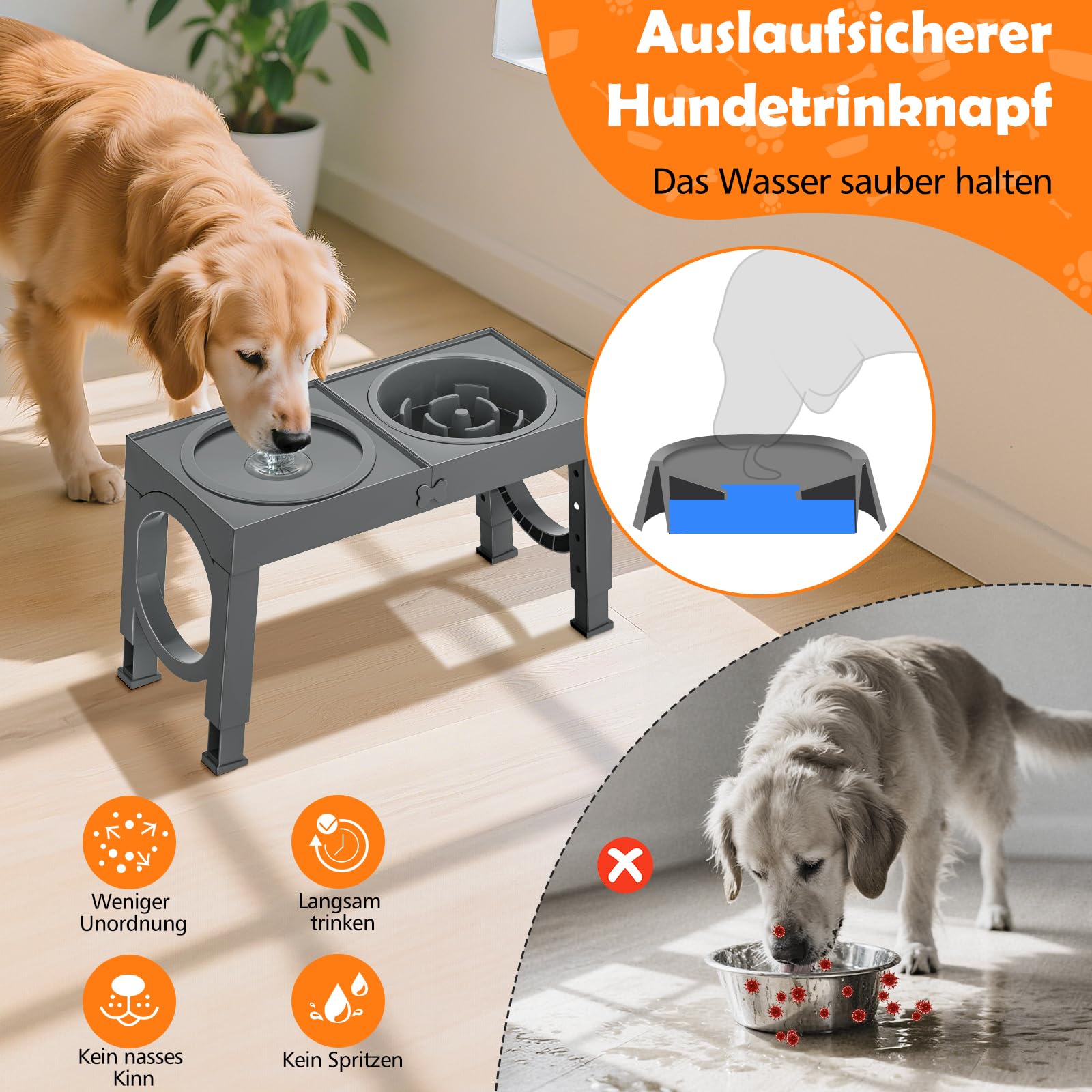 X XBEN 3-in-1 Ciotole per Cani Rialzate con 5 Altezze Regolabile, 1L Ciotola Anti Ingozzamento, 1,4L Acqua Cane Antigoccia, Ciotola per Cani Piccolo, Medio e Grande, Pieghevole e Antiscivolo, Grigio