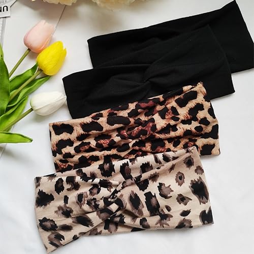 Miniatura 6 de Hjiaruiky 4 diademas de turbante para mujer, bohemias, elásticas, a la moda, de tela anudada, de tela, gruesa, para mujeres, niñas, yoga, leopardo