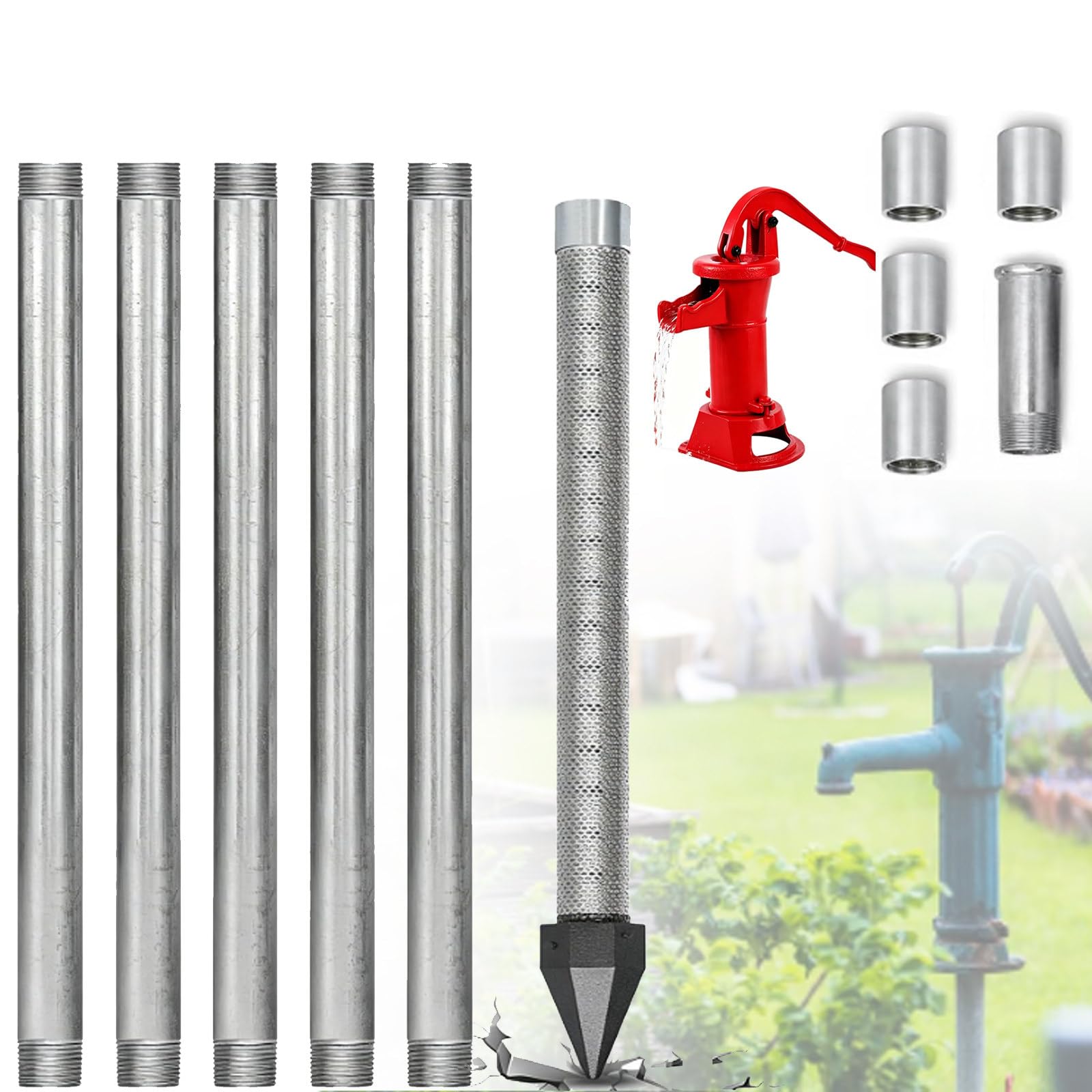 ZyKnaurral 1-1/4 Inch Sand Point Well Kit, Water Well Drilling Kit with Drive Point, 60 Gauze Mesh, Galvanized Extension Pipes and Drive Cap, Cost-Effective DIY Water Source 6M-WithWaterPump