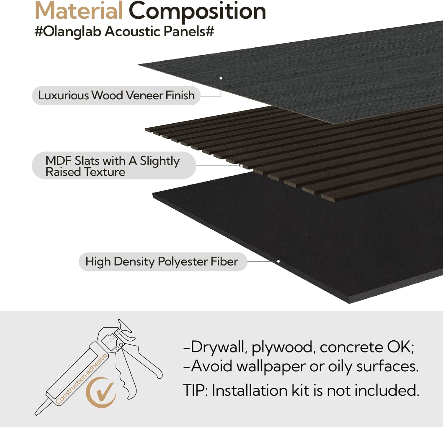 Olanglab Acoustic Wood Wall Panels 4 Pack, Sound Dampening Wood Slat Wall Panels 23.6" x 47.2", Matte Black