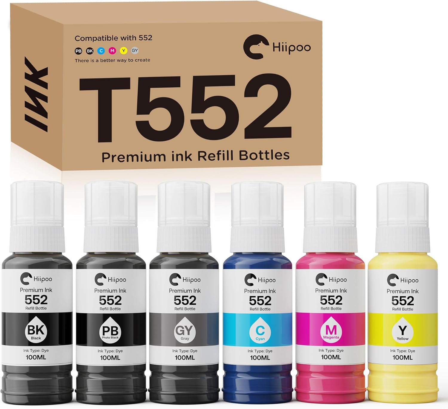 Hiipoo 600ml 552 Ink Replacement for T552 Ink Refill Bottles for Photo ET-8500 ET-8550 Wide-Format Supertank Printers (Not Sublimation Ink)