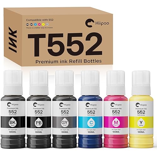 Hiipoo 600ml 552 Ink Replacement for T552 Ink Refill Bottles for Photo ET-8500 ET-8550 Wide-Format Supertank Printers (Not Sublimation Ink)