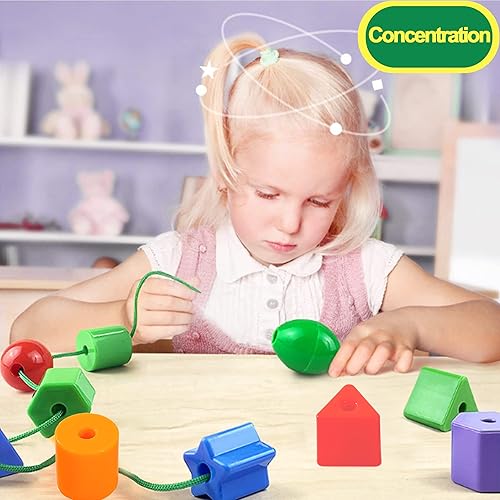 Miniatura 8 de Juguetes para niños pequeños – Juego de cuentas grandes con cordones para habilidades motoras finas y coordinación ojo-mano – 36 cuentas y 6 cuerdas