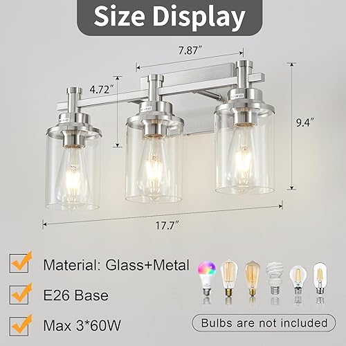 Miniatura 4 de Luces de tocador de 3 luces de níquel cepillado con pantalla de vidrio transparente, moderna luz de tocador de baño sobre espejo, lámpara de pared