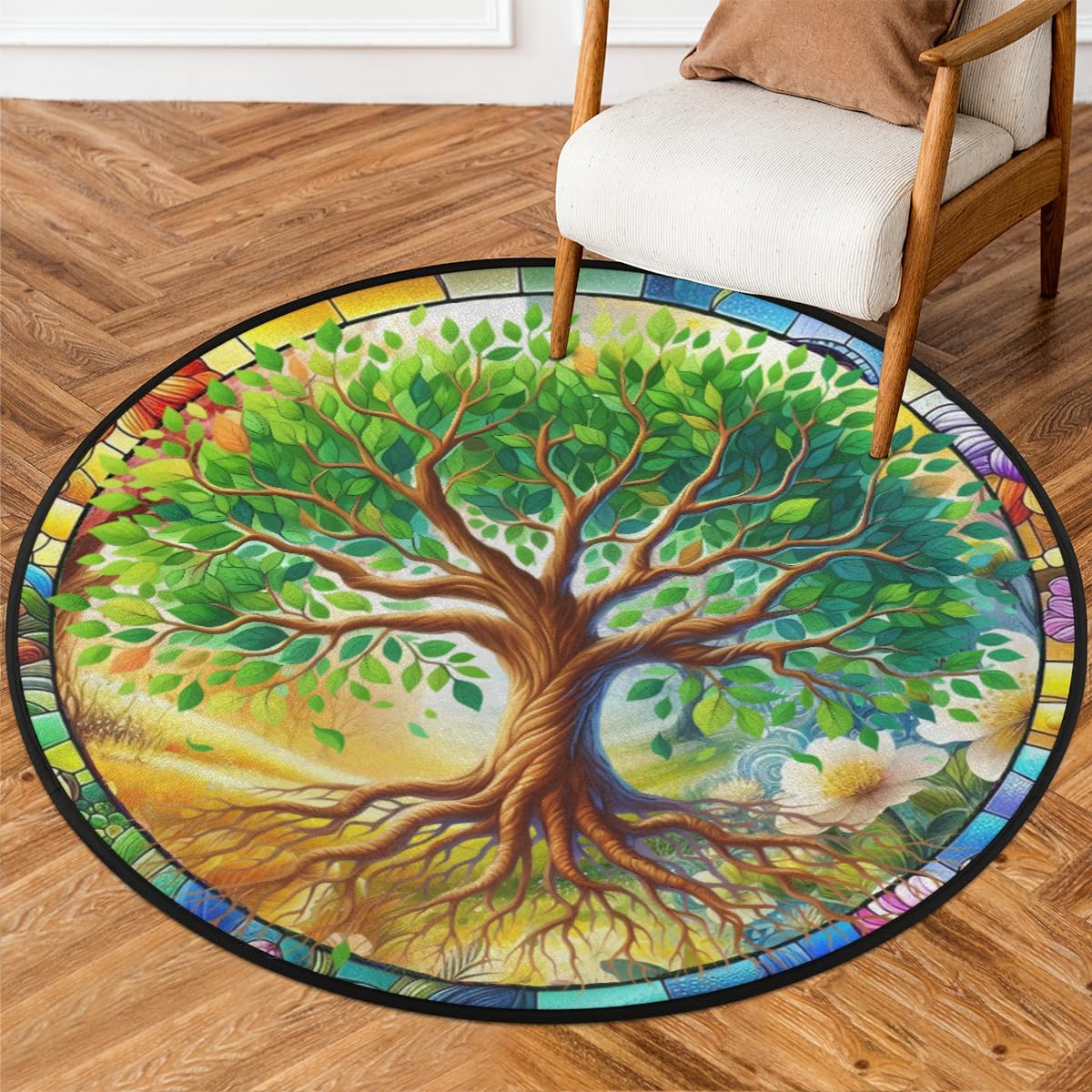 Round Rug 3ft Glass Leaf Tree of Life Indoor Circle Area Circle Rugs Washable Non-Slip Bedside Indoor Doormat for Living Room Bedroom Playroom Nursery Room Decor Carpet Mat Splat Mat for High Chair