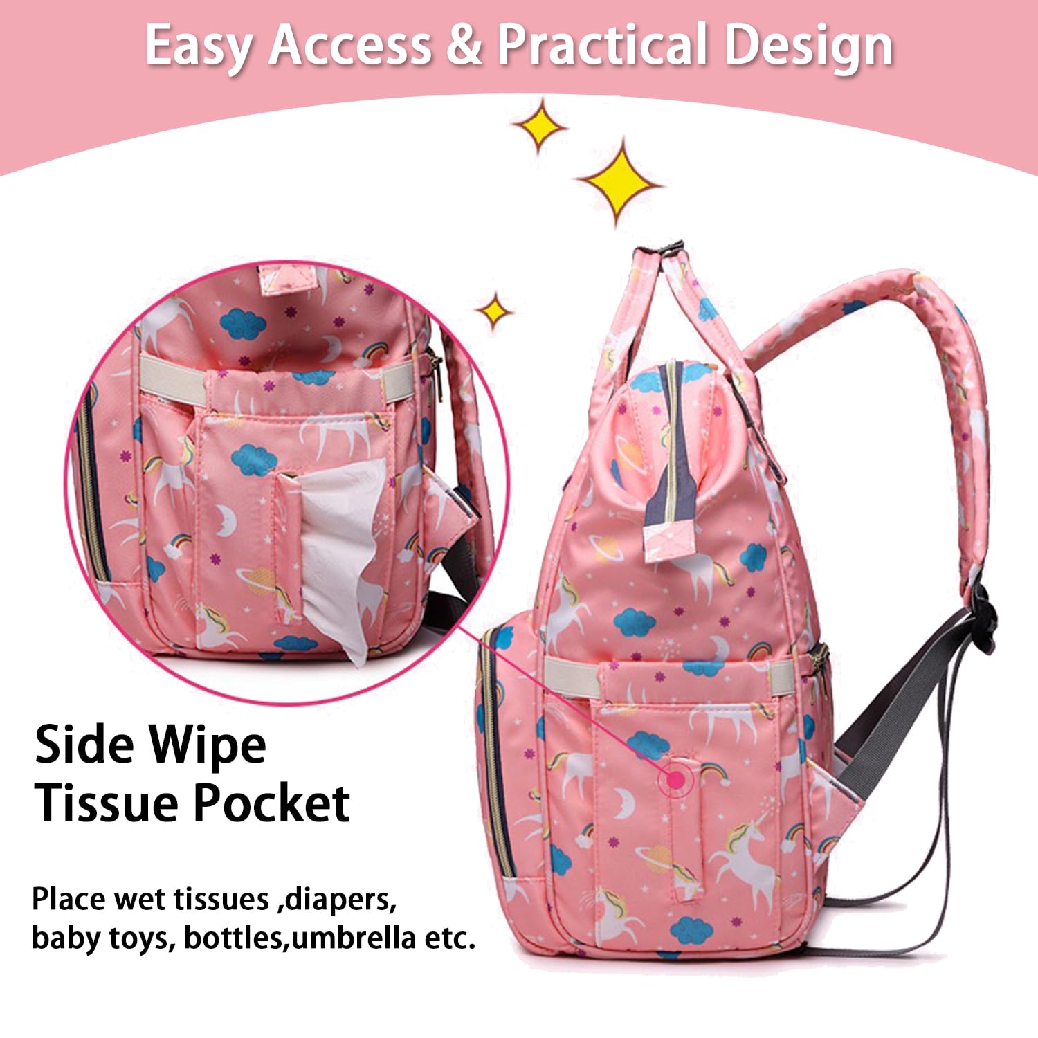 Borsa per pannolini zaino per mamma papà, borsa per cambio maternità, zaino per pannolini con cinghie per passeggino, Unicorno-rosa, 15.7" x 11.8" x 7.8", Classico