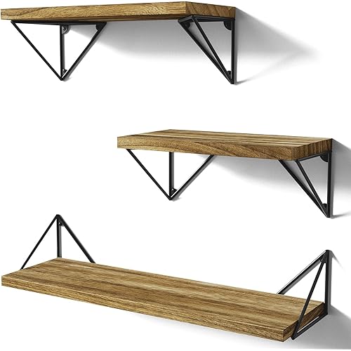 SRIWATANA Floating Shelves Wall Mounted, Rustic Wall Shelves for Bedroom, Bathroom, Living Room, Kitchen Set of 3 (Carbonized Black)