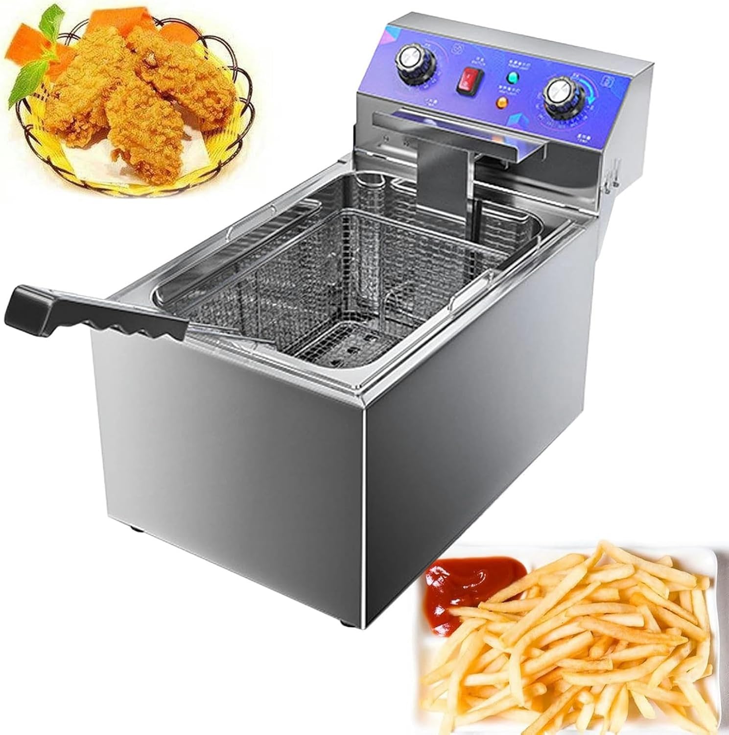 Deep Fryer Stainless Steel Tank Chip Fryer for Home Commercial, Fat Fryer with Removable Basket and Professional Heating Element, Large Electric Fryer for French Fries Chicken Shrimp,19L