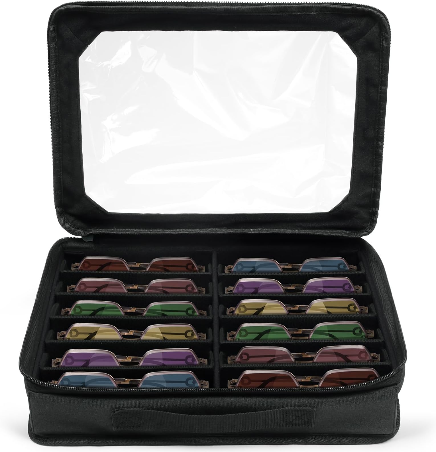 BukereSunglasses Organizer Case for Multiple Pairs, 12 Slots Adjustable Glasses Box Women Men, Travel Eyeglasses Storage