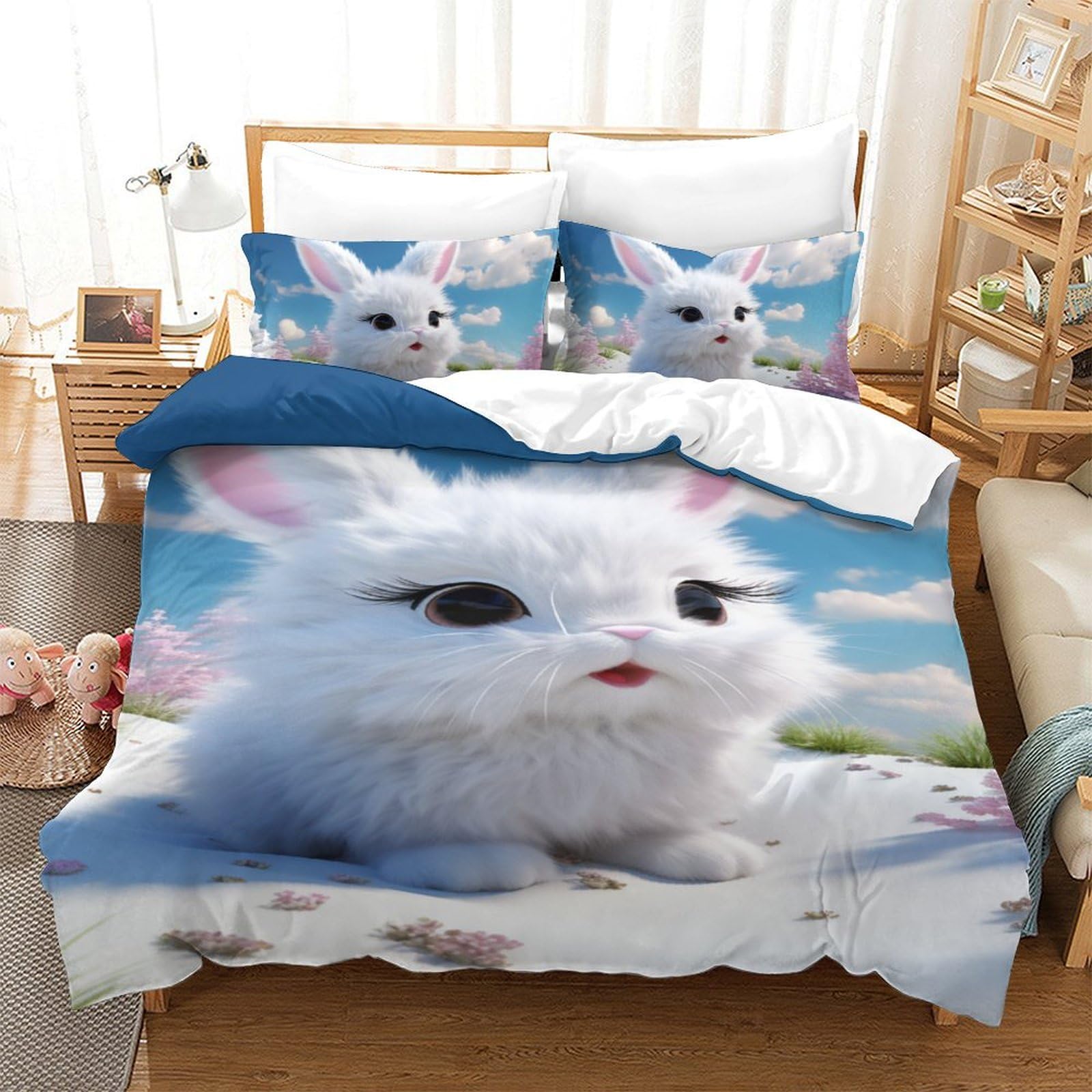 Housse de couette enfant 140x200 lapin 3D en microfibre anti-plis avec fermeture éclair
