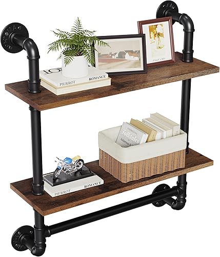 Merapi Estantes flotantes industriales de 24 pulgadas con barra de torre, estantes de tubería para pared, estantes de pared de madera rústica de 2