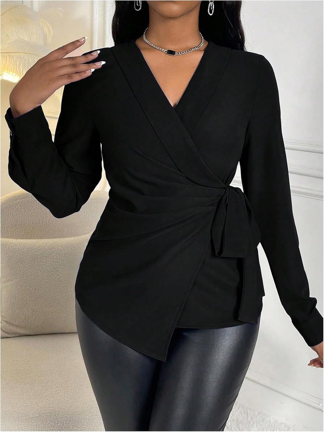 MakeMeChic Women's Wrap Tops V Neck Blouse Business Dressy Shirt Tie Side Long Sleeve Going Out Top - Image 3