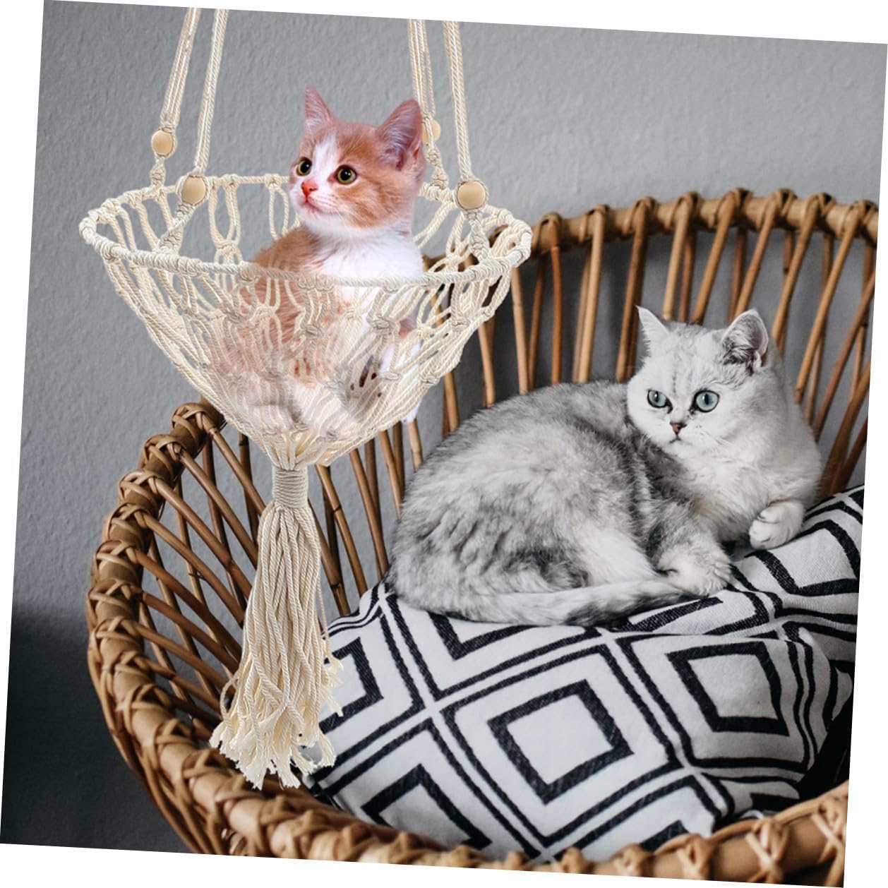 Bohemian Woven Cat Hammock Bed 40cm Hanging Pet Basket Wear-Resistant Cat Bed for Indoor and Kittens to 30lbs