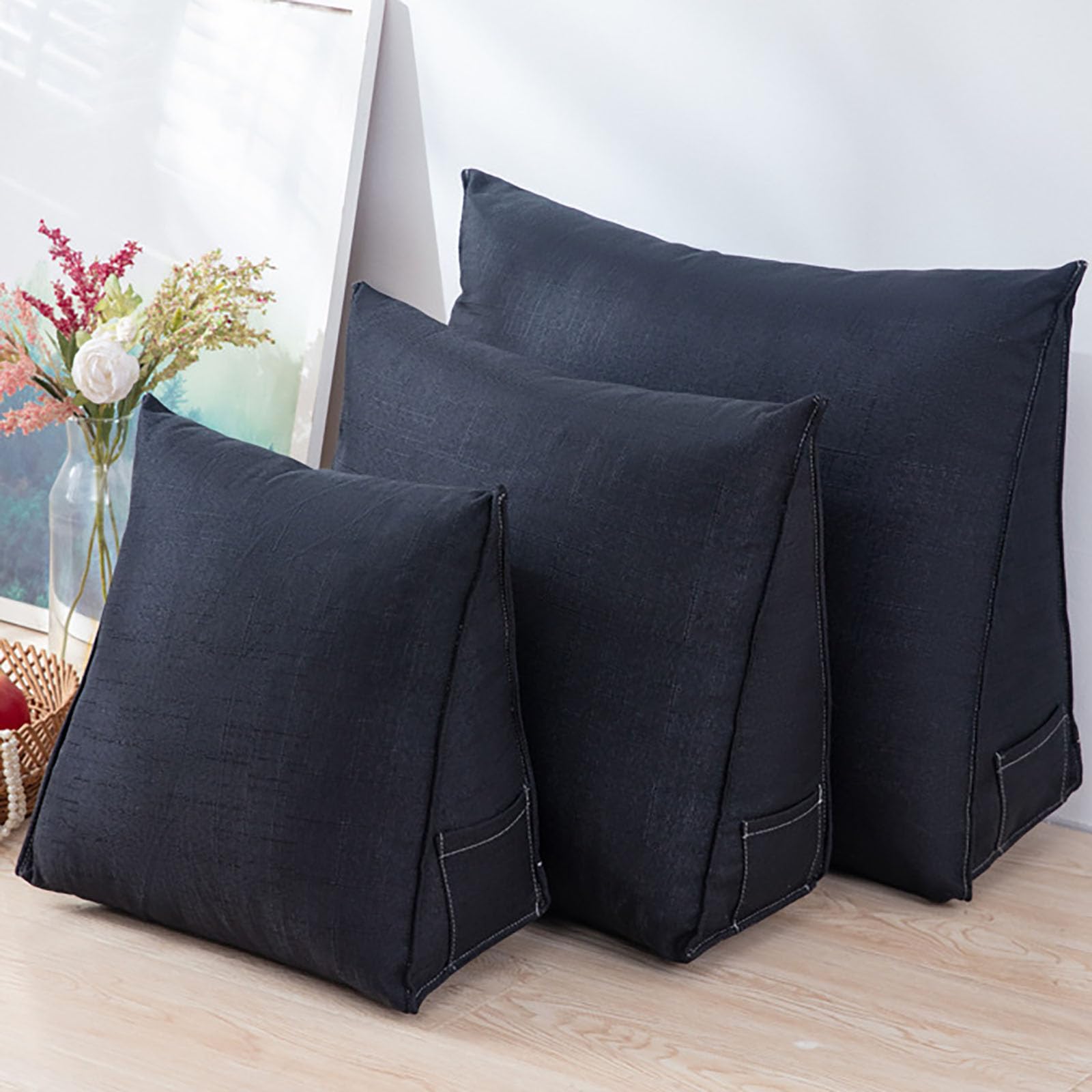 Generisch Rückenkissen 40cm/47cm/60cm Ergonomisches Keilkissen für Bett/Sofa, Lendenkissen, Dreieckiges Lesekissen Strandkissen mit abnehmbarem waschbarem Bezug, Seitenfach,Schwarz,60x50x20cm