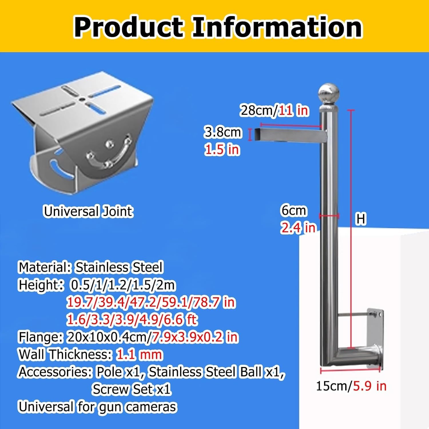 Soporte para Poste de vigilancia, Soporte de Pared Universal de Acero Inoxidable, Apto para Paneles solares y cámaras de Seguridad (Blanco-B, 1,5 Metros (59 1/10 Pulgadas))