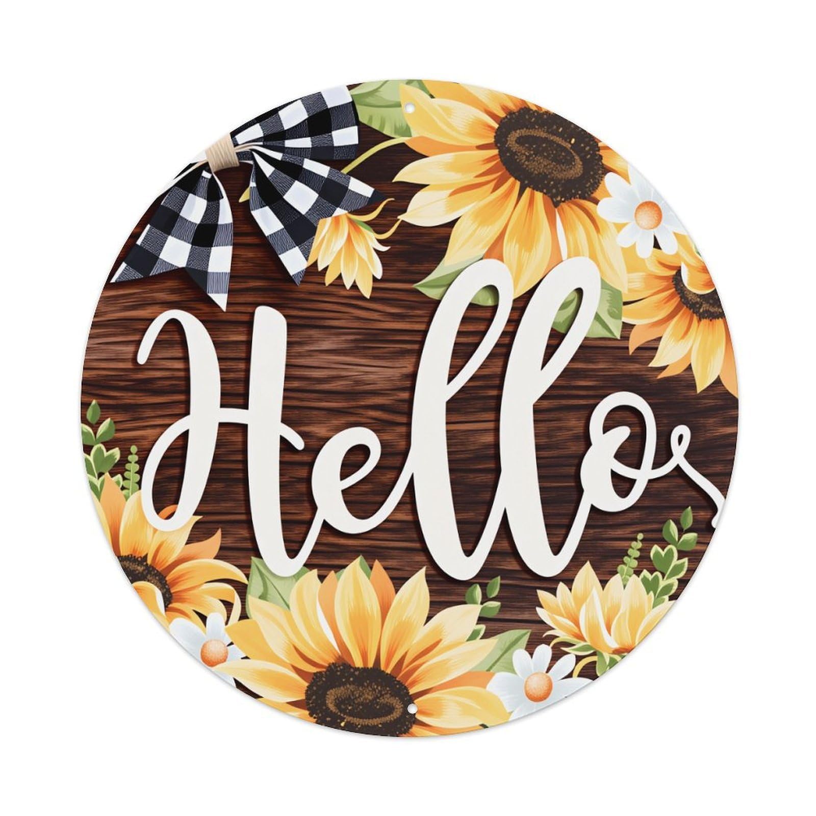 Sunflower Bow Wood Background Floral Pattern Round Vintage Tin Sign,Retro Wall Art,Metal Poster for Home, Bar, Garage, Cafe, Rustic Indoor & Outdoor Decor, 8x8 Inches
