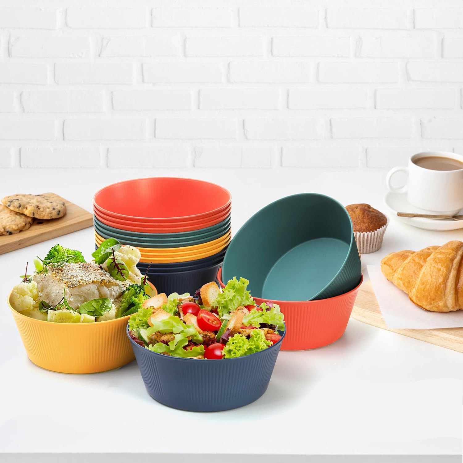 Cididu Set of 12 Large Unbreakable Cereal Bowls, 57 Oz Wheat Straw Bowl, BPA Free Salad Dessert Serving Bowl for Soup Oatmeal Fruit, Stackable Big Bowls for Camping Party, Microwave Dishwasher Safe image 4