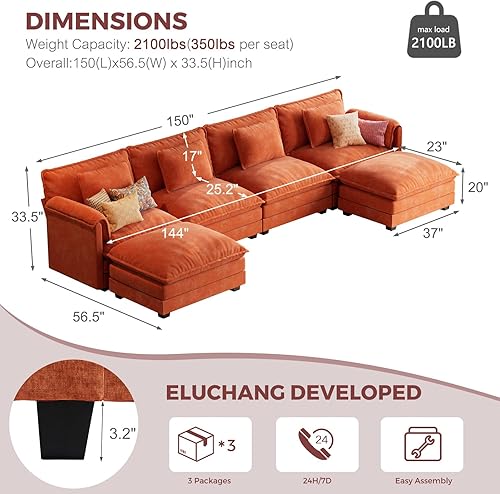 Miniatura 2 de ELUCHANG Sofá modular en forma de U de 153 pulgadas con almohada, sofá de asiento profundo para sala de estar, sofá moderno de 6 asientos con