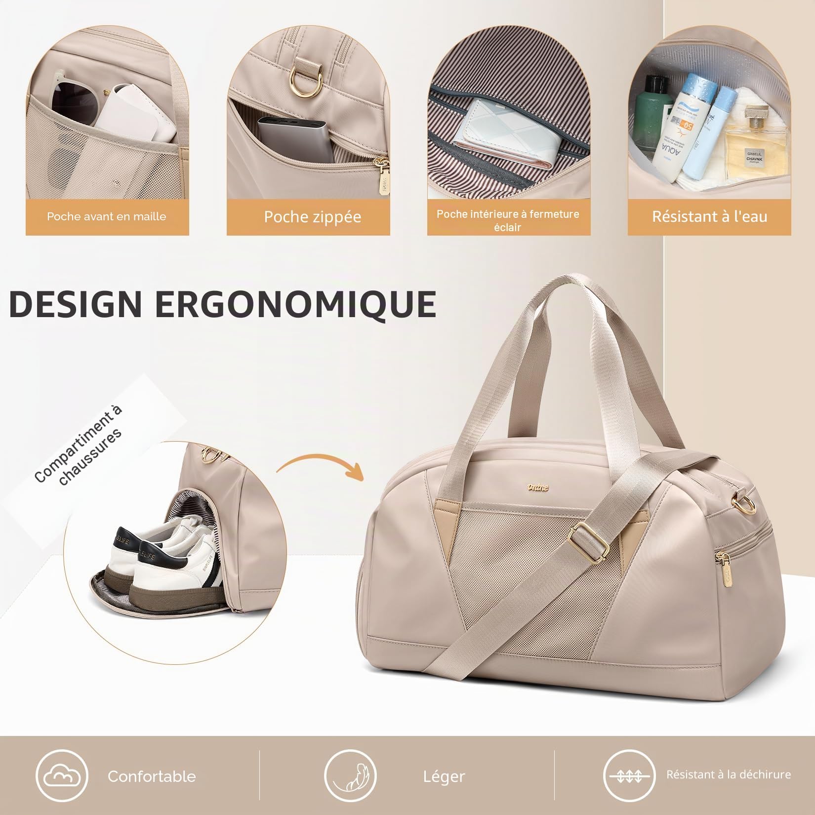VNINE Sac de Voyage 51.8L Weekend Sac à bandoulière, Sac de Sport Séparé Sec et Humide Bag Imperméable pour Femme Homme Sport Gym Weekender Bag Fourre-Tout Sac d'Hôpital
