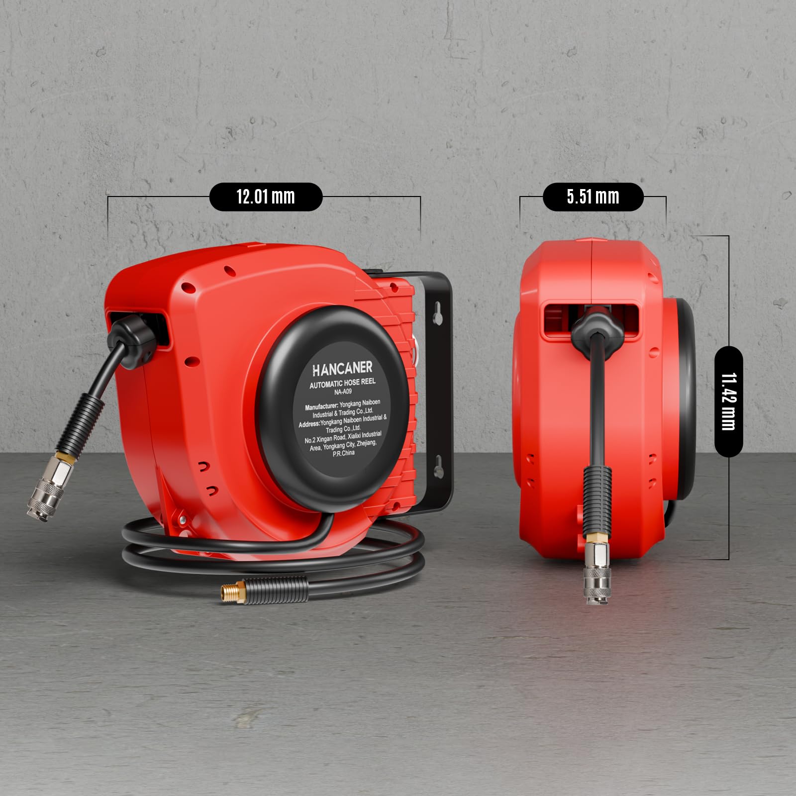 Hancaner Enrouleur Tuyau Air Comprimé Automatique Compact de 15 m + 1,5 m, avec Raccord 1/4", 24 bar Pression Maximale, Support Mural Pivotant à 180° Enrouleur Electrique Mural