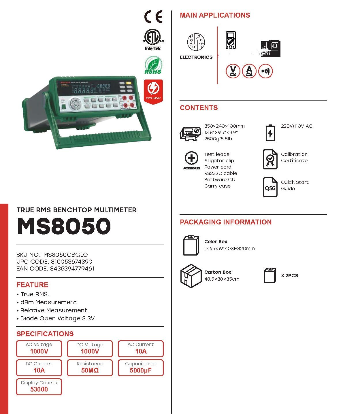 MASTECH MS8040 MS8050 Tisch-Multimeter 22000/53000 Zählungen AC DC Spannung Strom Auto Bereich Tischmultimeter True RMS Tiefpassfilterung mit RS-232 Schnittstelle (MS8050)