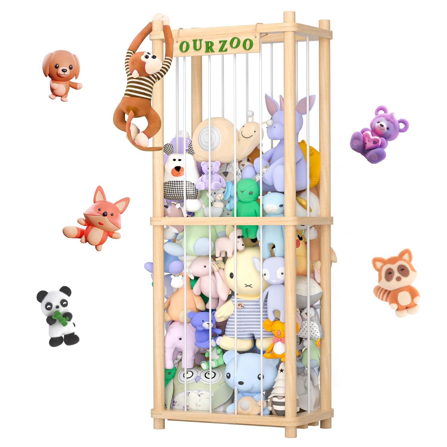 Stuffed Animal Storage Wood Soft Toy Shelf Nursery Room Organizer Zoo Cage for Stuffed Animals with Zoo Pattern Gift for Nursery PlayRoom Bedroom KidRoom Chirstmas Gift