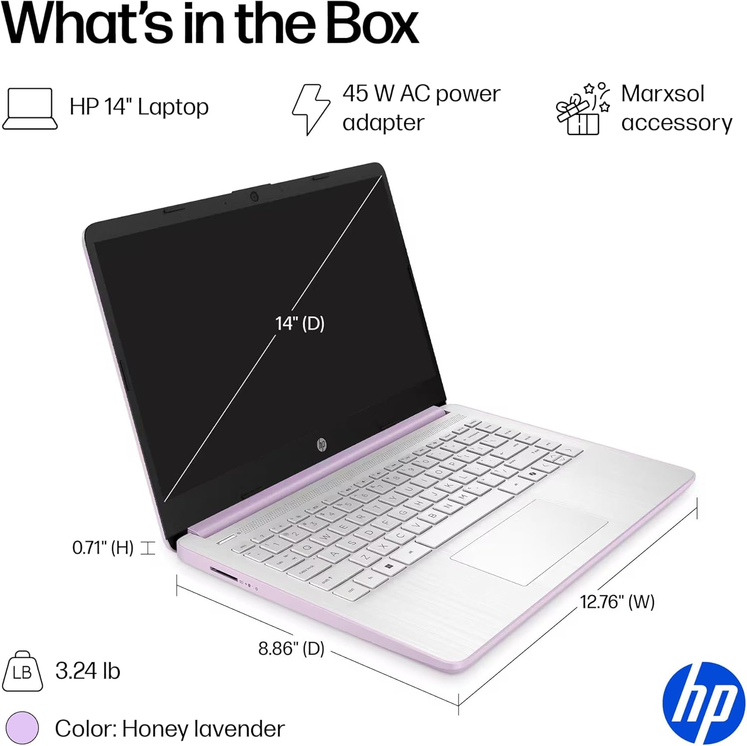 Contents of the HP 14-inch Laptop box including laptop, power adapter, and Marxsol accessory bundle