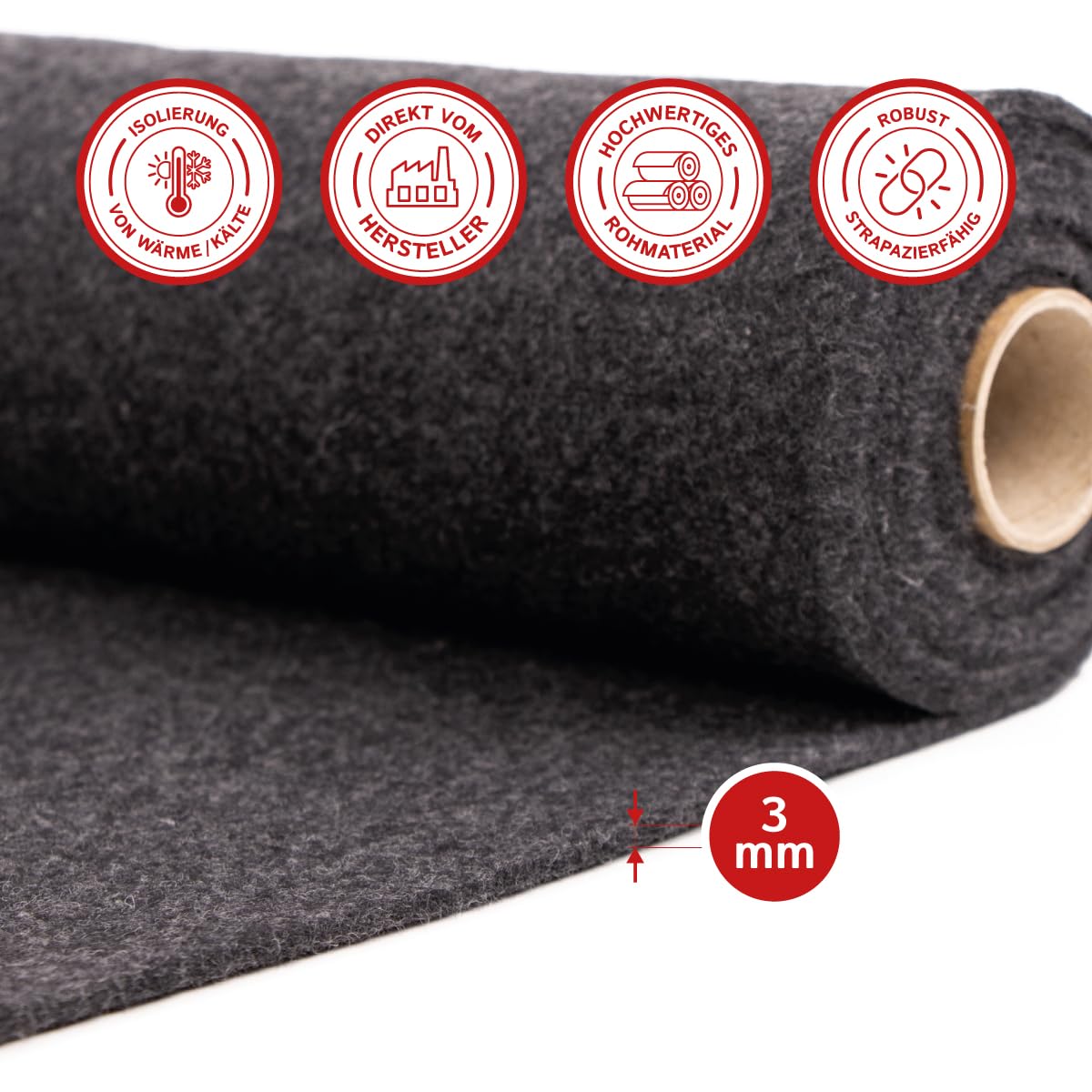 Fieltro de lana para campistas: fieltro punzonado 100% natural, 3 mm de grosor, elástico y transpirable, fabricado en Alemania (antracita, 1 50 cm x 200 cm (0,5 m x 2 m))