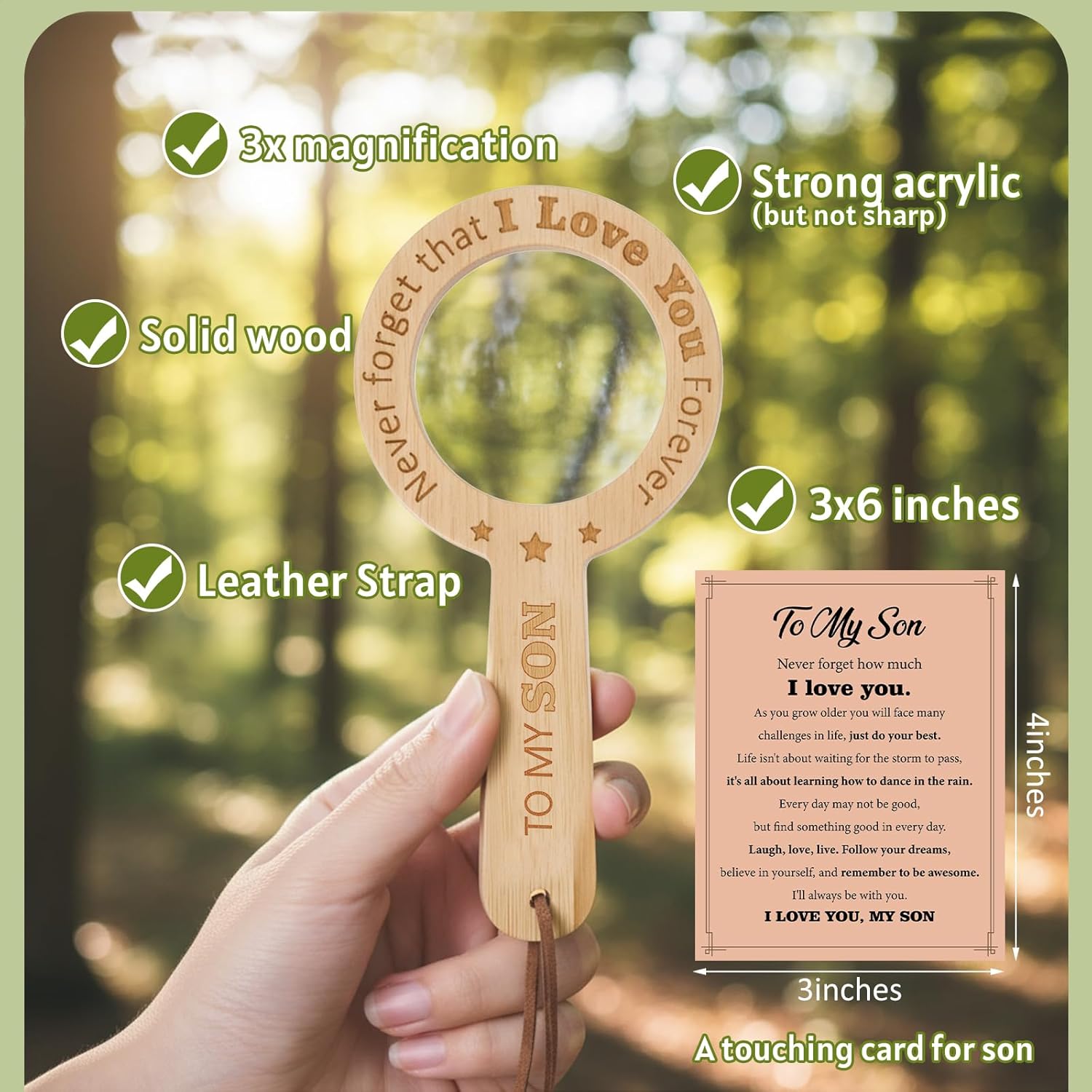 Gifts for Son from Mom Dad Wooden Magnifier Magnifying Glass with Inspirational Card Christmas Gifts for Son Birthday Thanksgiving Keepsake Present