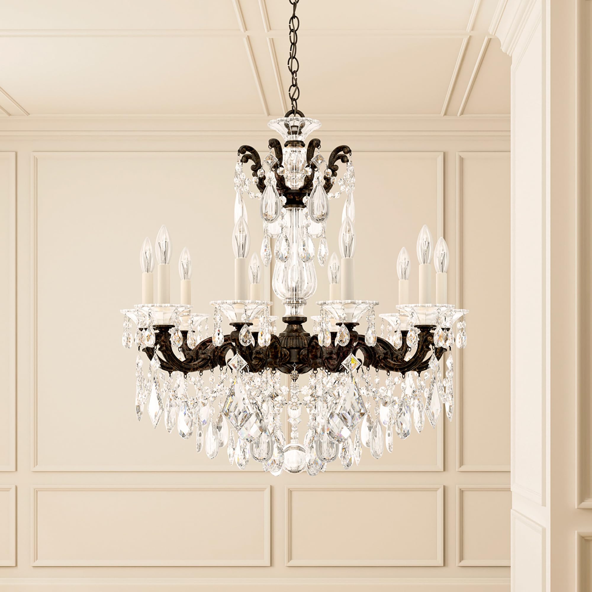 Signature 5074-83S, La Scala 10 Light 28in x 29.5in Chandelier in Florentine Bronze with Clear Swarovski Crystals