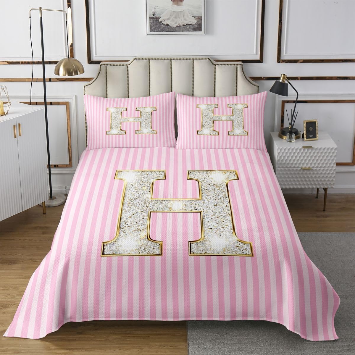 Manfei Initial Letter X Bedspread Twin Size,Monogrammed Alphabet Bedding Set 2pcs for Kids Teens Living Room Decor,Pink White Stripes Simple Style Quilted Coverlet Soft Breathable with 1 Pillowcase
