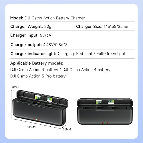 Miniatura 7 de Osmo Action 5 Pro - Cargador de batería para DJI Action 5 Pro, Osmo Action 4 y Osmo Action 3  Funda de carga rápida de triple ranura totalmente