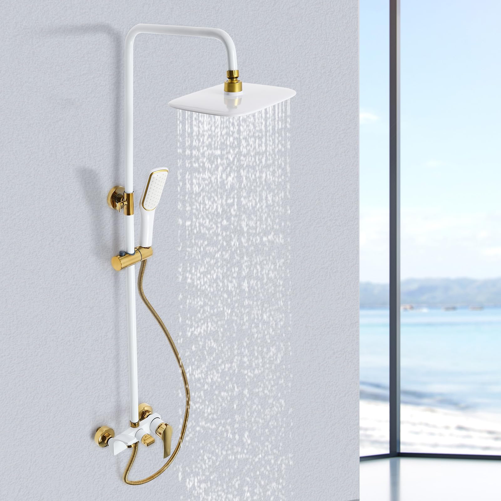Sistema doccia con soffione e doccetta, set completo, asta doccia regolabile in altezza 85-125 cm, sistema doccia bianco oro, 3 uscite dell'acqua con attacco G1/2, per bagno