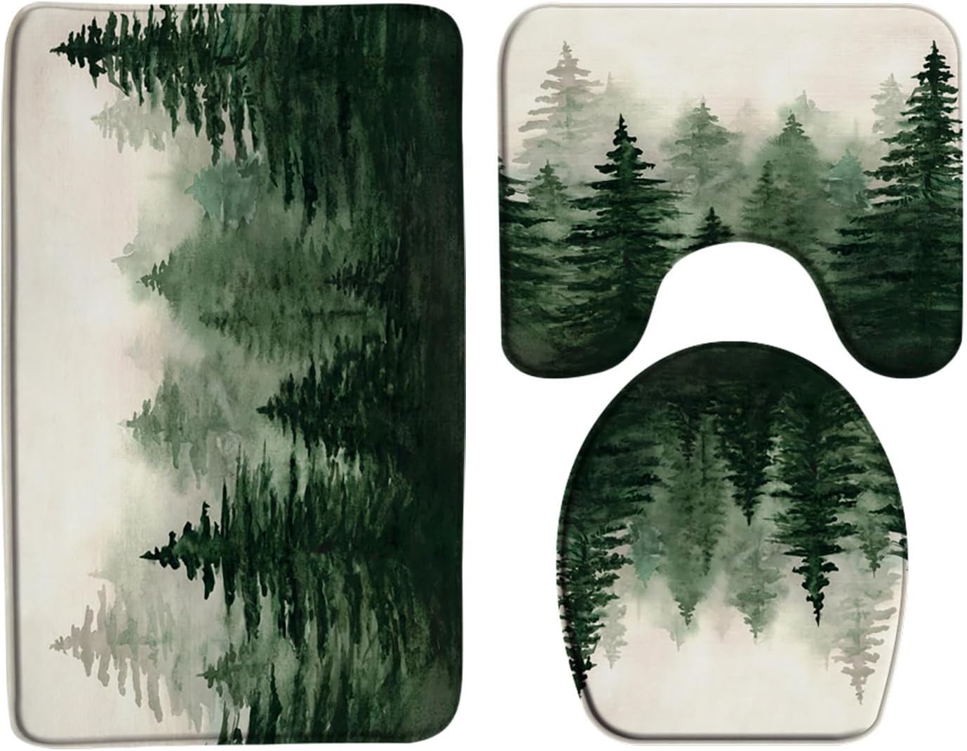 3 Piece Misty Forest Bath Mat Sets Watercolor Pine Tree Abstract Foggy Jungle Green Rustic Nature Scenery Landscape Bathroom Rug Sets,24"x60"Bath Mat,Toilet Seat Cover,U-Shaped Toilet Mat