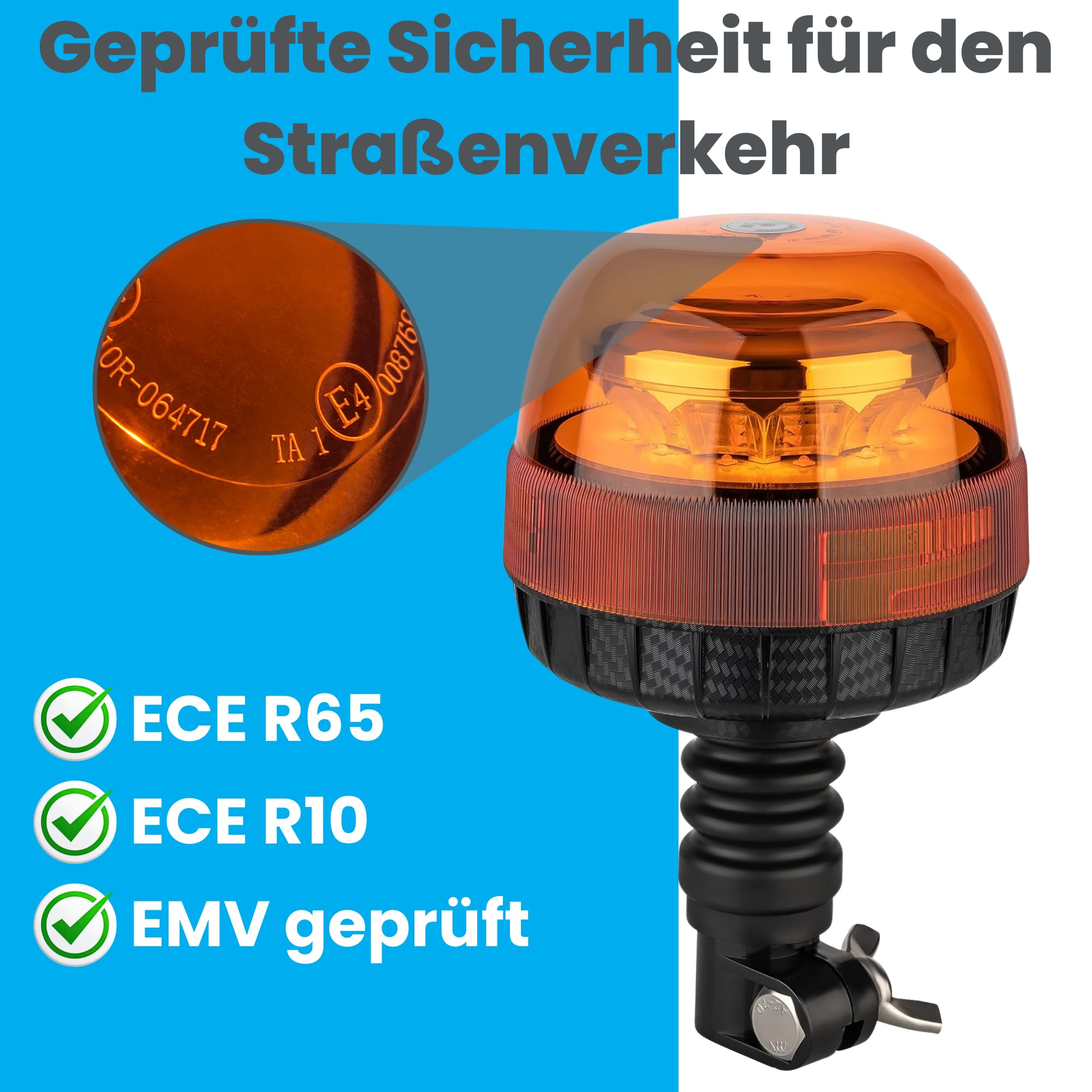 LED Rundumleuchte 12V 24V ECE R65 R10 E4 – 24W Warnleuchte mit Gummifuß – 2 Blitzmodi – IP65 wasserdicht – Rundumkennleuchte für Traktor LKW Anhänger 125x200mm