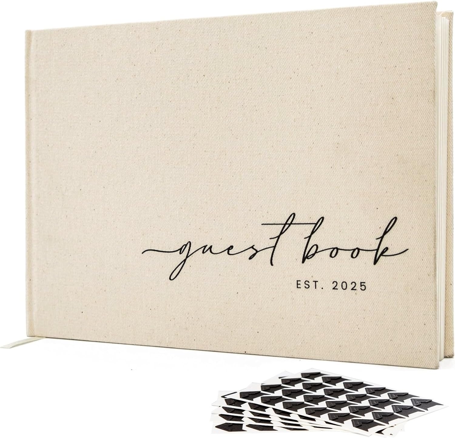 Cream Guest Book with Black Sticker Sheets for Photos - 9.5 x 7 Real Linen Hardcover Guestbook for Wedding Ceremony Reception Signin, to Add Polaroid & Write Messages