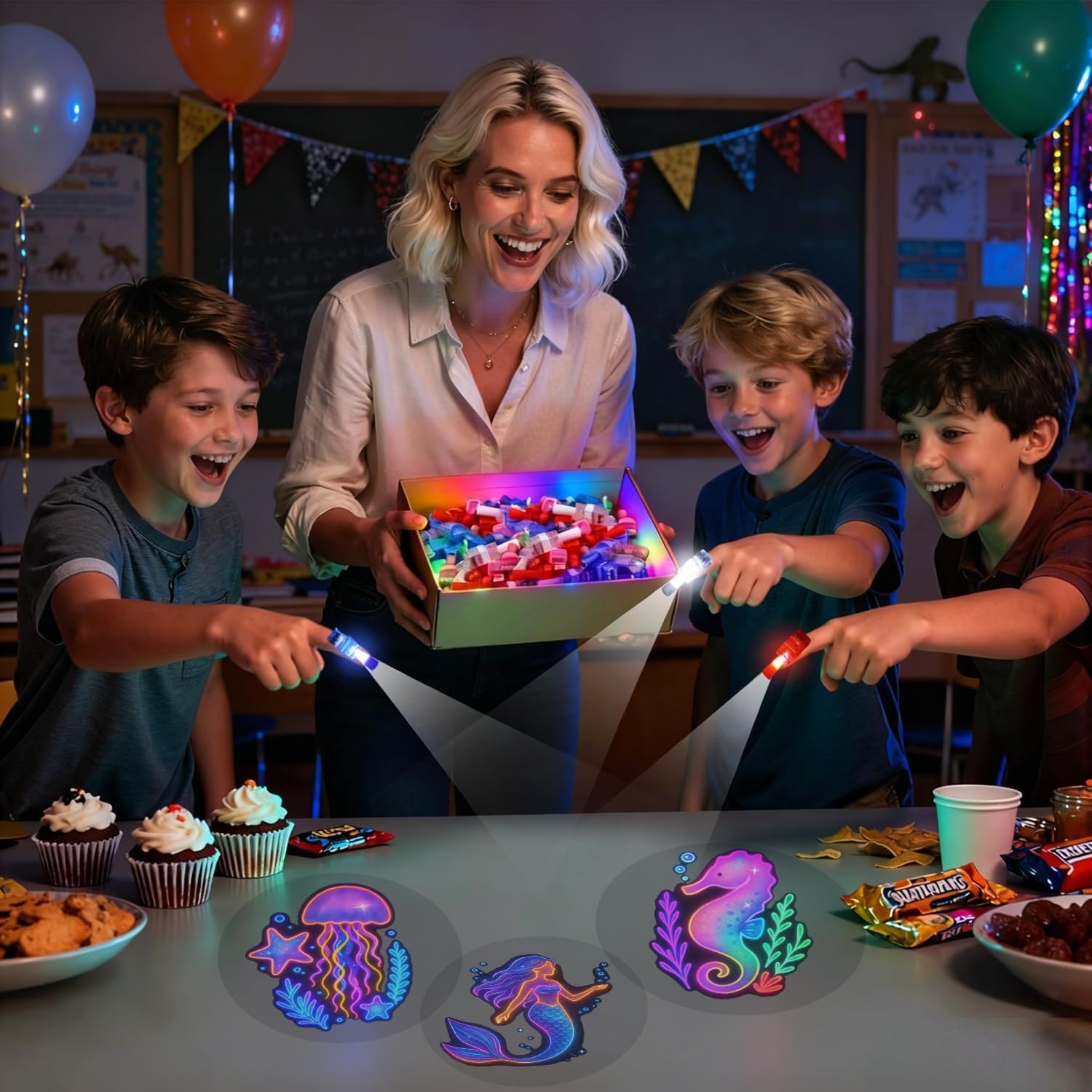 40PCS Mermaid Party Favors Finger Lights, 8 Designs Goodie Bag Stuffers | 24pcs mermaid LED finger lights with 8 designs, great for goodie bag stuffers, favor bags, and ocean decor.