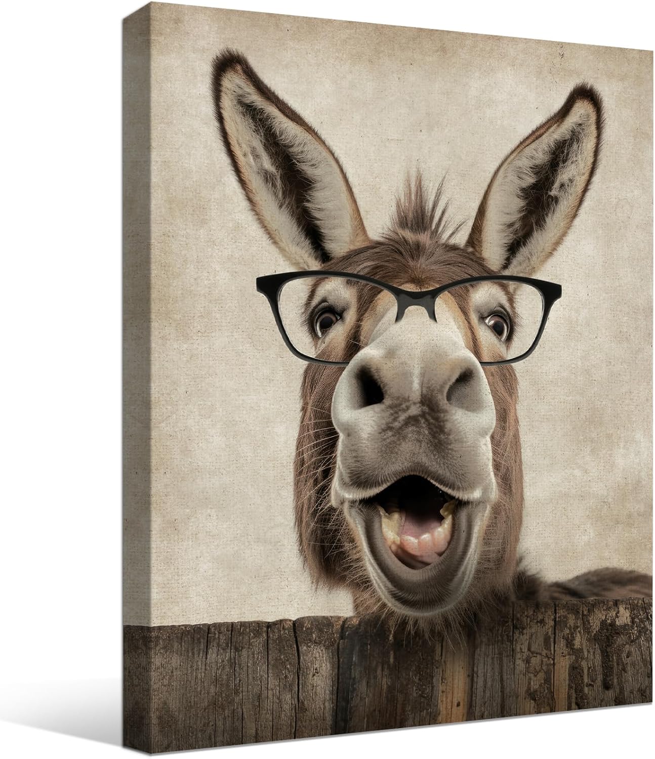 Funny Farmhouse Donkey Wall Art with Black Glasses - Rustic Framed Canvas Print 11x14 for Kids Room, Bedroom, Living Room Decor & Gifts
