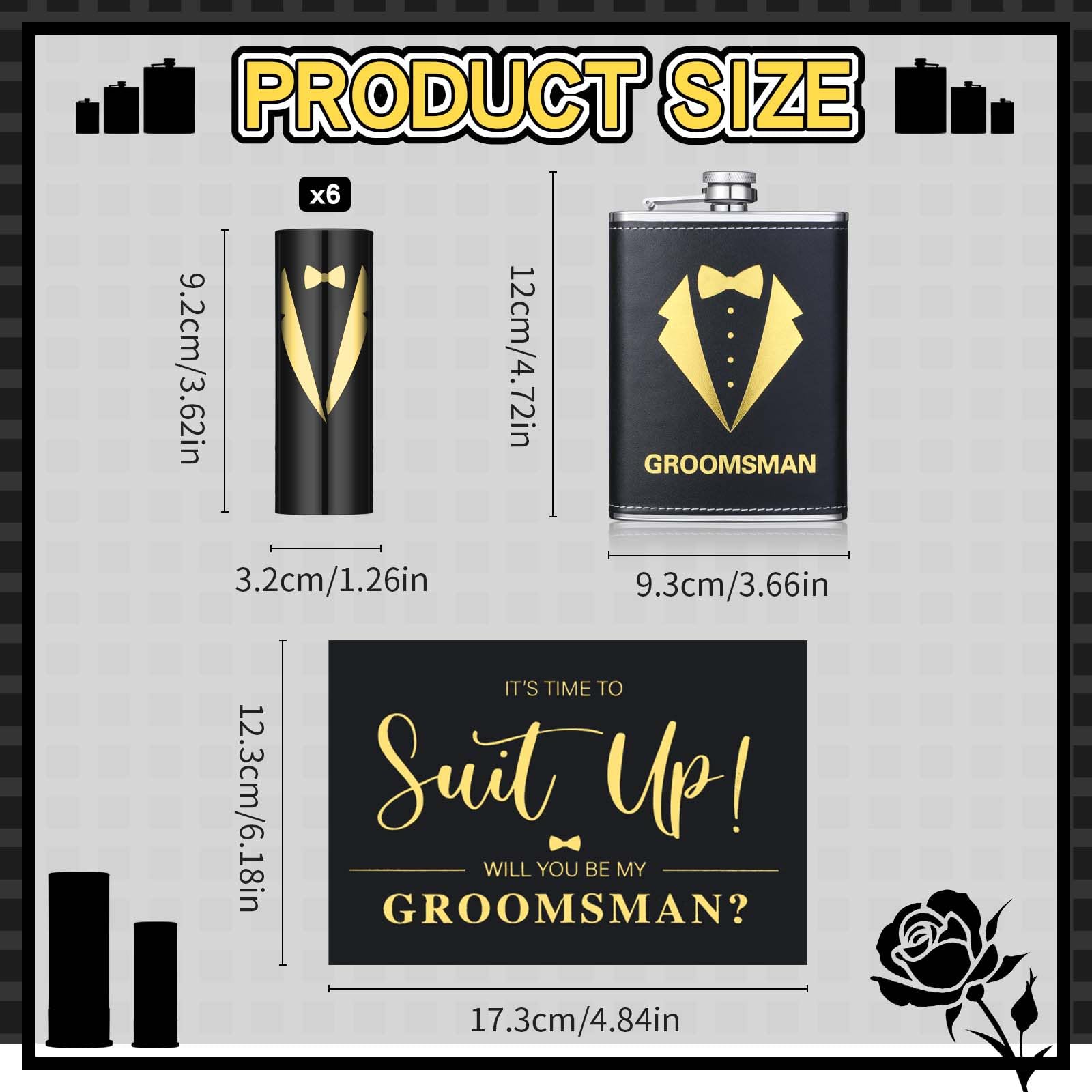 Mumufy 24 Pcs Groomsmen Gifts Set 6 Pcs Leather Covered Stainless Steel Tuxedo Flask 6 Pcs Shot Glasses 6 Groomsman Proposal Cards with 6 Envelopes Groomsman Proposal Gifts for Wedding Bachelor Party