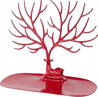 منظم على شكل شجرة لوضع المجوهرات والاكسسوارات البلاستيكية مع حامل مفاتيح يوفر طريقة أنيقة لعرض السلاسل والحلقان ومثالي لديكور المنزل (أحمر)