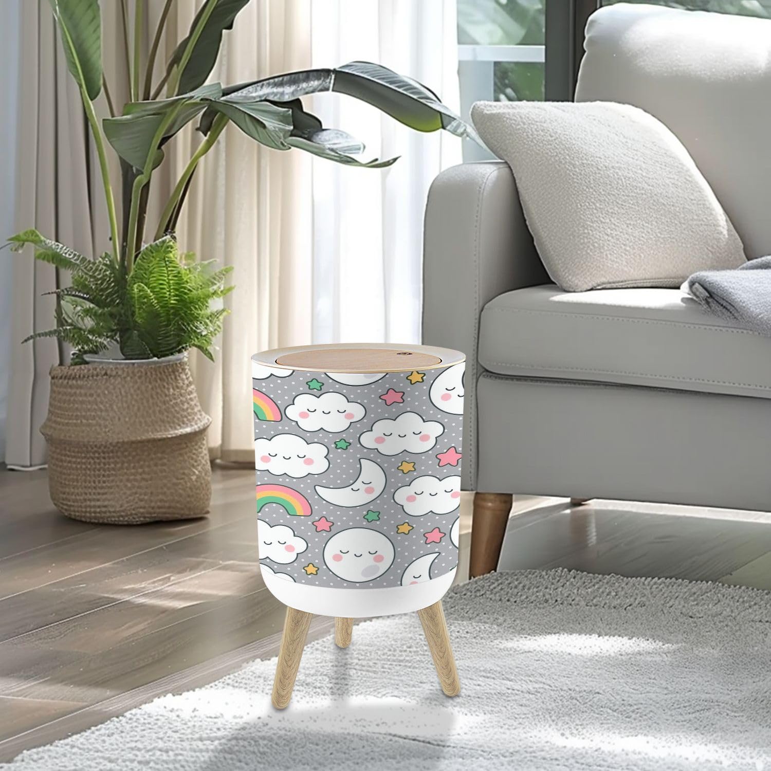 Small Trash Can with Lid Moons Clouds Rainbows Stars Cute Seamless Cartoon Nursery for Kid 1.8 Gallon/7L Garbage Can Waste Bin with Press Top Lid Legs Waste Basket for Bathroom Kitchen Bedroom
