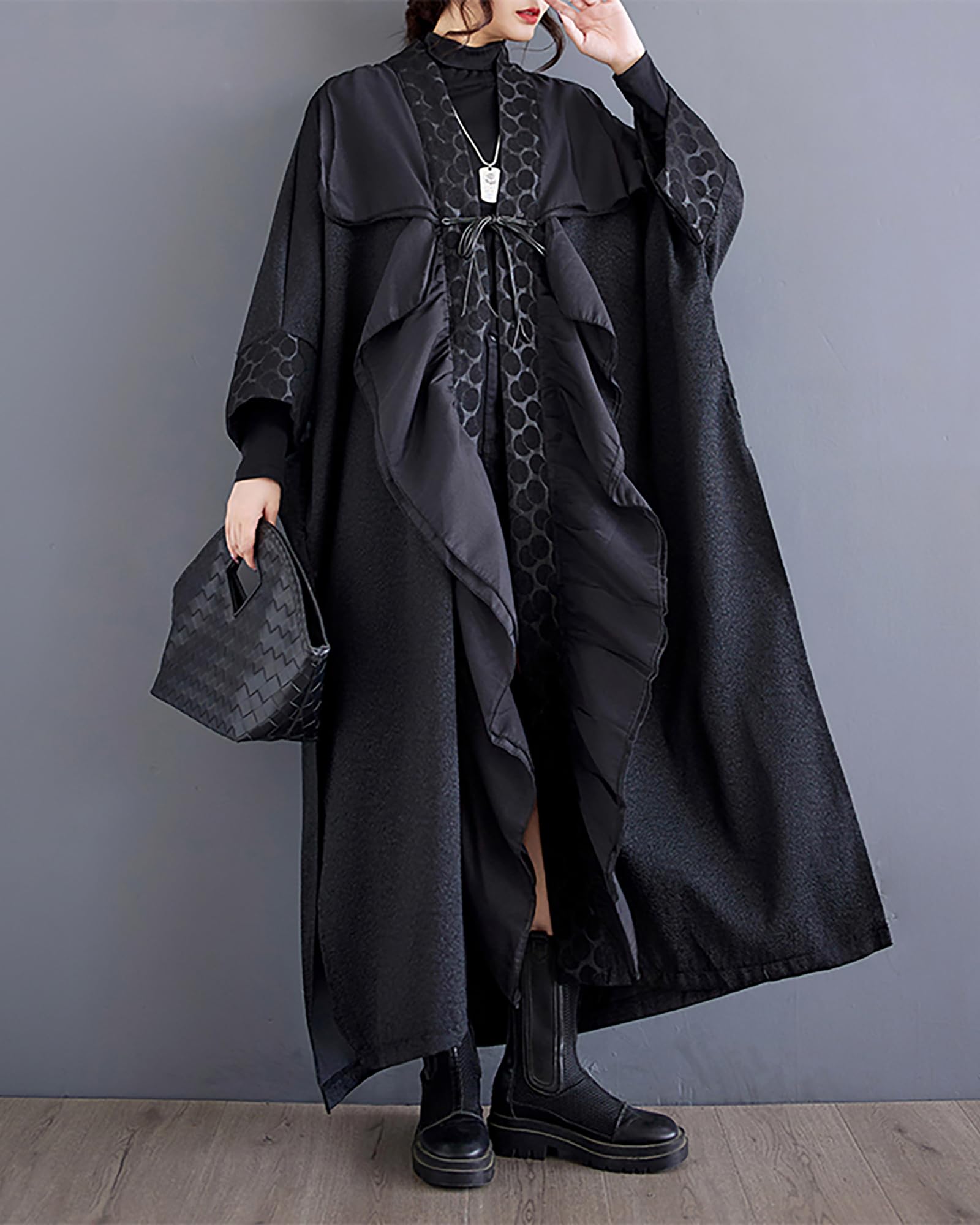 ellazhu Damenmantel Einfarbig Schwarz Langarm Split Flowy Saum Oversize Länge bis zum Knöchel Lockerer Herbst GZ271 A